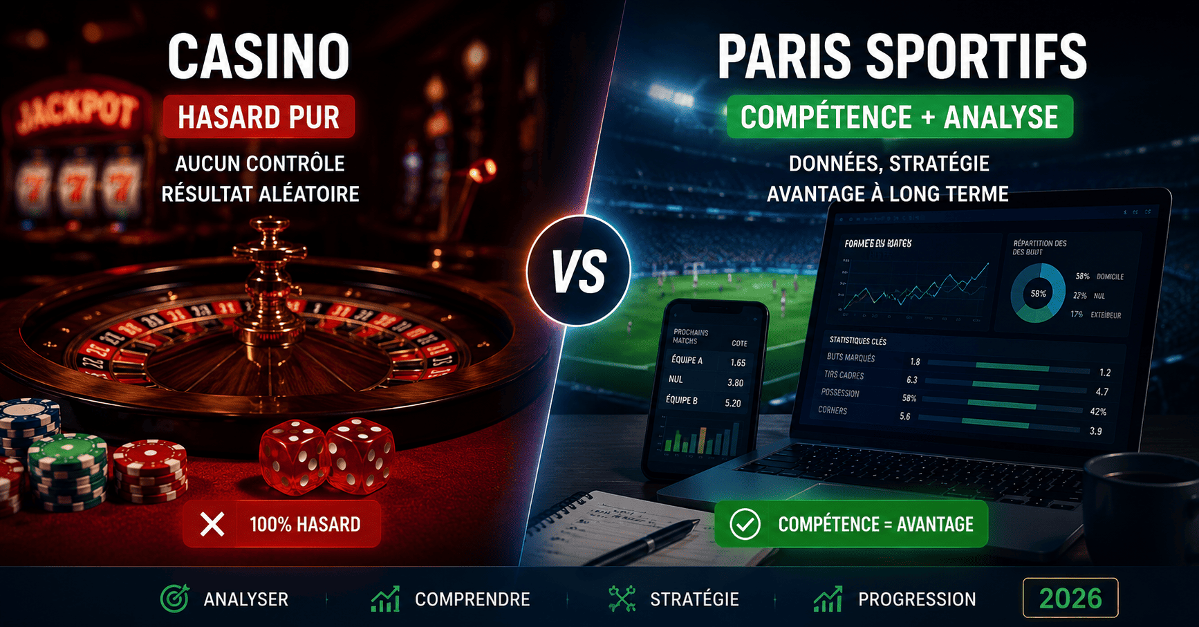 Différence entre paris sportifs et casino — compétence vs hasard pur en 2026