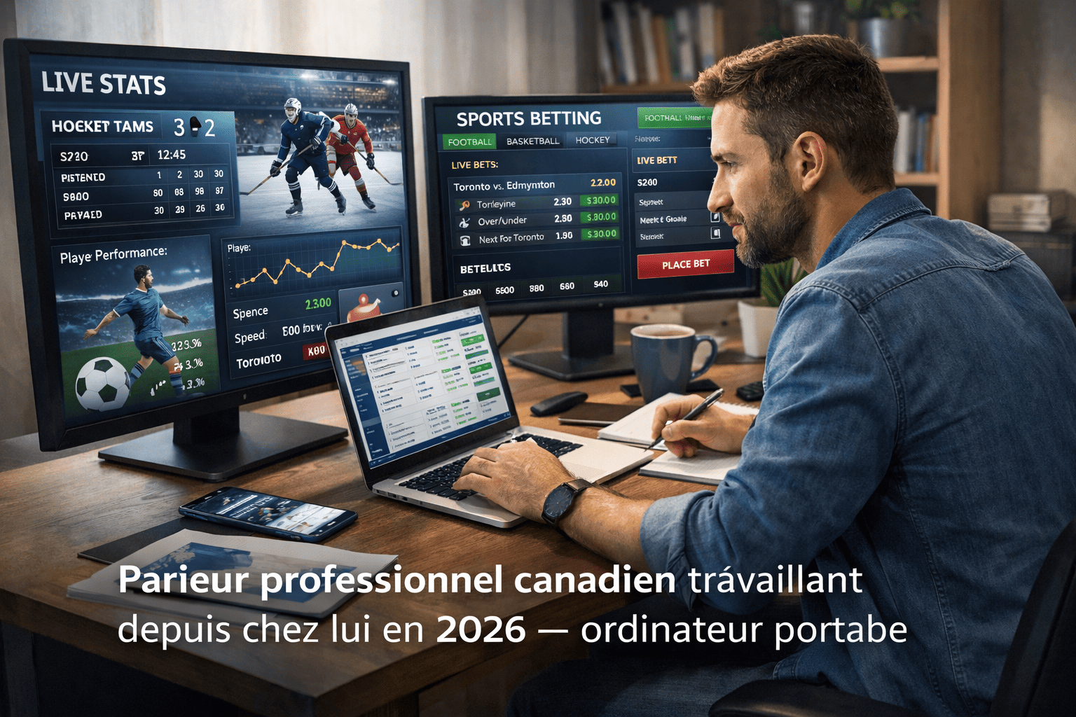 Parieur professionnel canadien travaillant depuis chez lui en 2026 — ordinateur portable avec statistiques sportives, carnet de notes et tasse de café sur bureau moderne