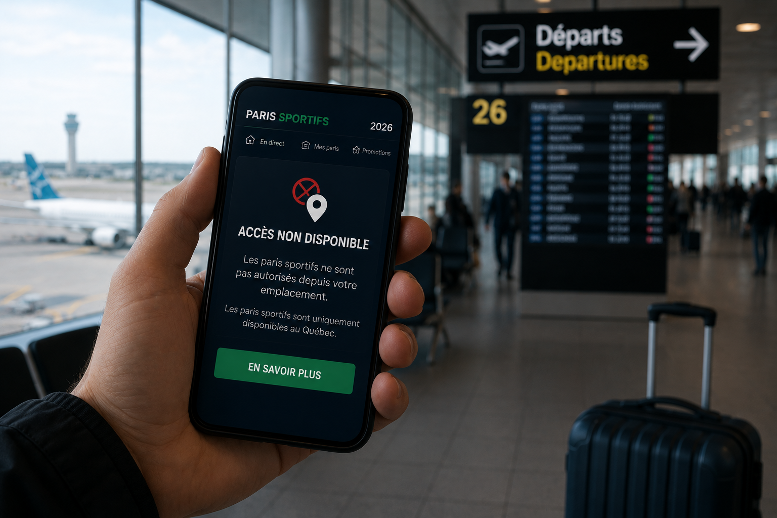 Voyageur tenant un téléphone affichant une application de paris sportifs bloquée par géolocalisation dans un aéroport en 2026