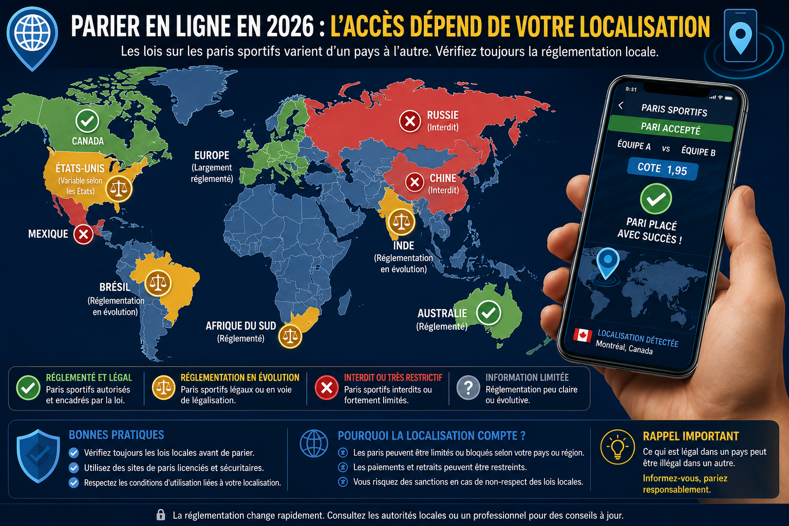World map and smartphone with geolocation illustrating access to sports betting by location in 2026